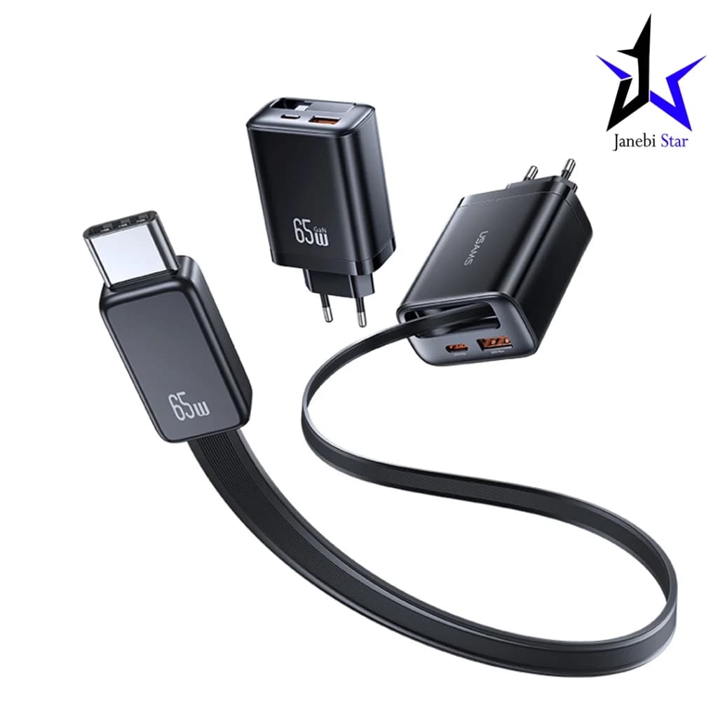 شارژر دیواری 65 وات تایپ سی و یواس بی یوسمز با کابل تایپ‌سی جمع‌شونده CC299
