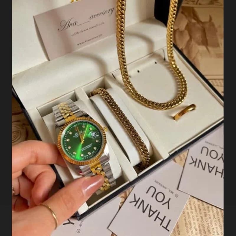 ساعت ست کامل مردانه کامل رولکس rolex استیل همراه دستبند ، گردنبند و حلقه کد 280 — تصویر ۲