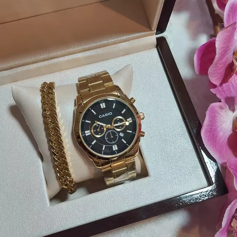 ساعت مچی مردانه کاسیو Casio طرح سه موتور طلایی همراه دستبند کارتیر کد 303 — تصویر ۳