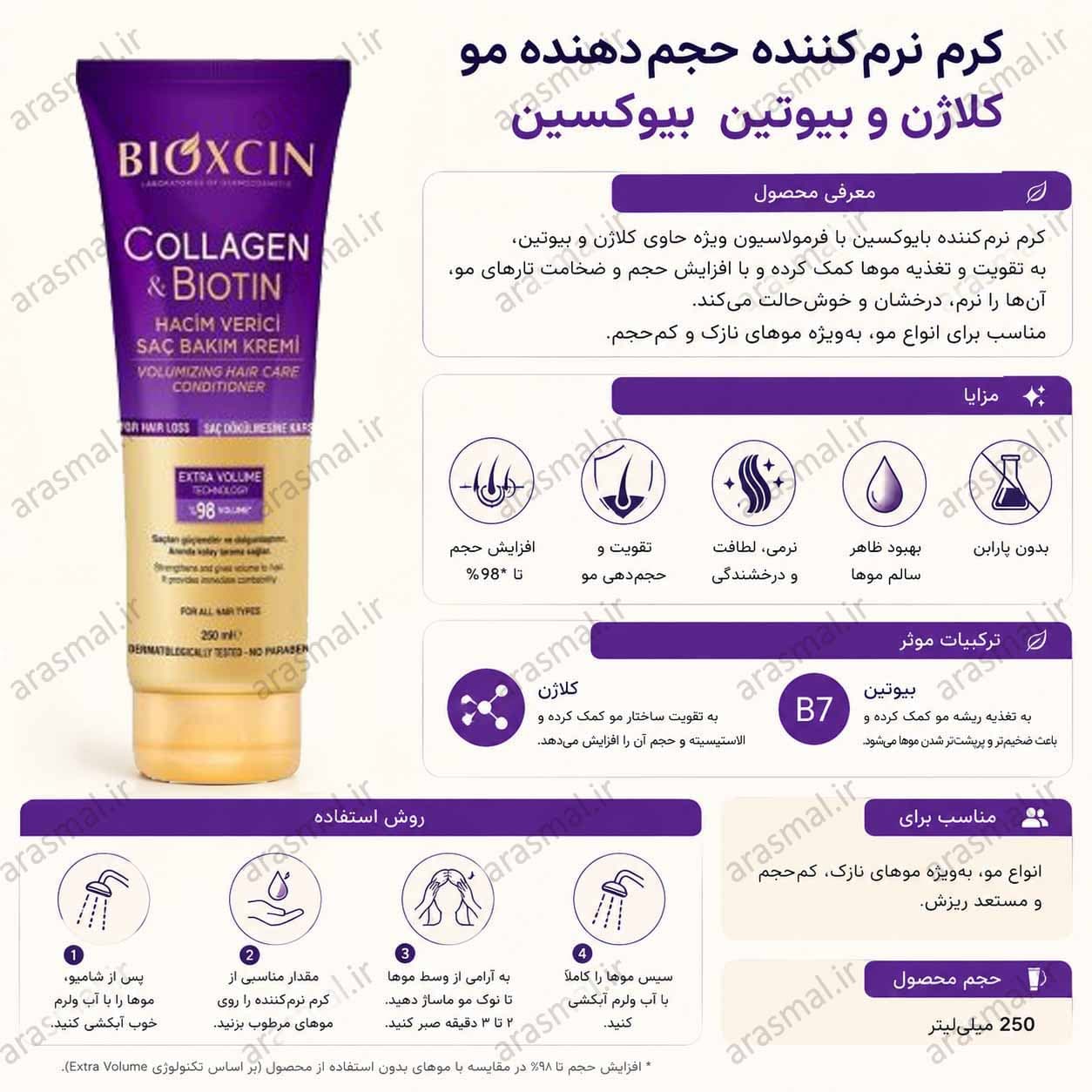 ماسک تیوپی حجم دهنده مو بنفش حاوی بیوتین و کلاژن حجم 250 میل اصل