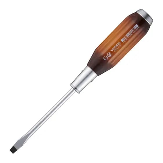 پیچ گوشتی فشارقوی تخت چکش خور دسته چوبی برند VESSEL (100 میلیمتر)