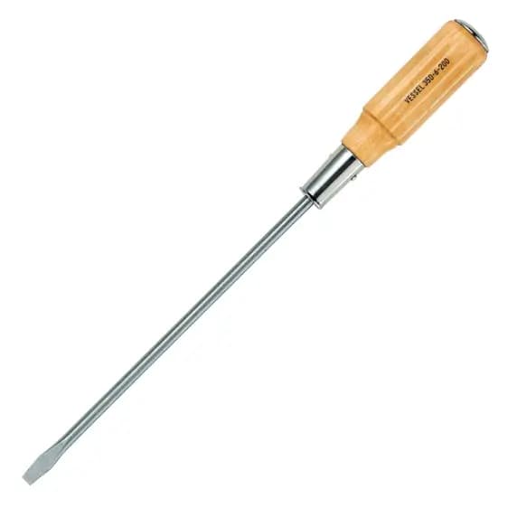 پیچ گوشتی ساقه بلند تخت دسته چوبی از برند VESSEL (200 میلیمتر)