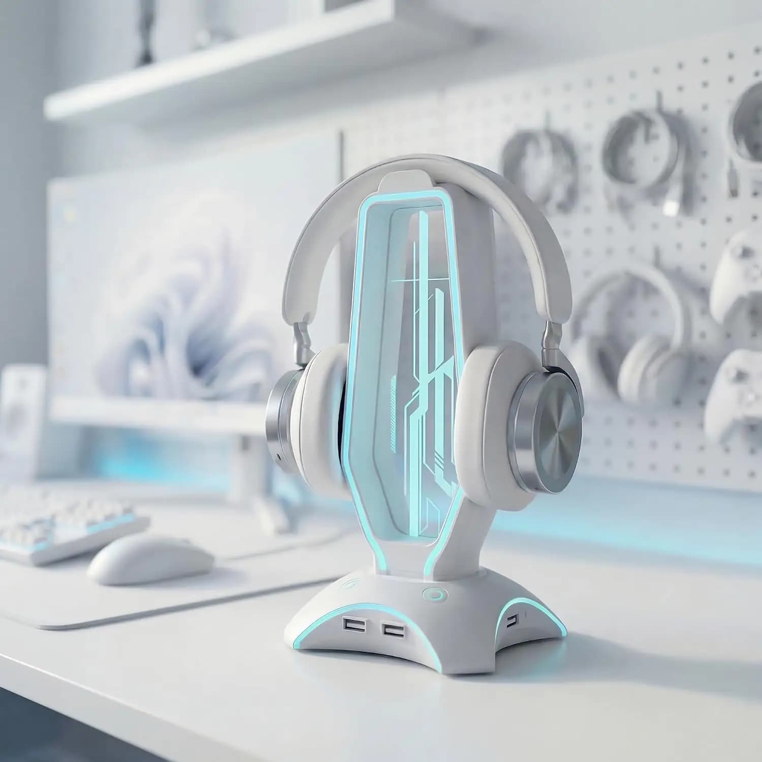 استند هدست گیمینگ RGB | Glowthos مدل HG61H با هاب USB 3 پورت سفید — تصویر ۳