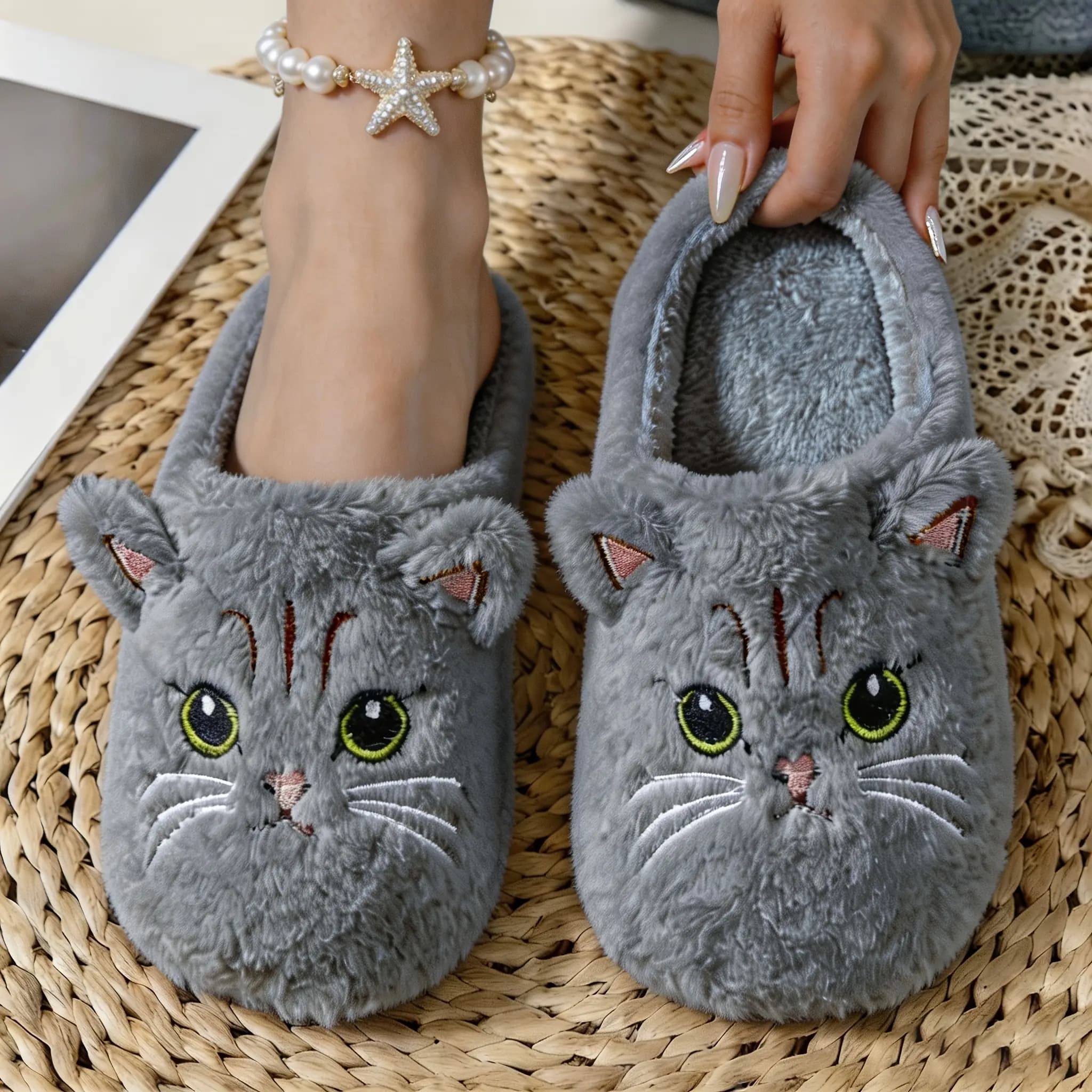 دمپایی پشمی زنانه طرح گربه سه‌بعدی نرم و راحت — تصویر ۵