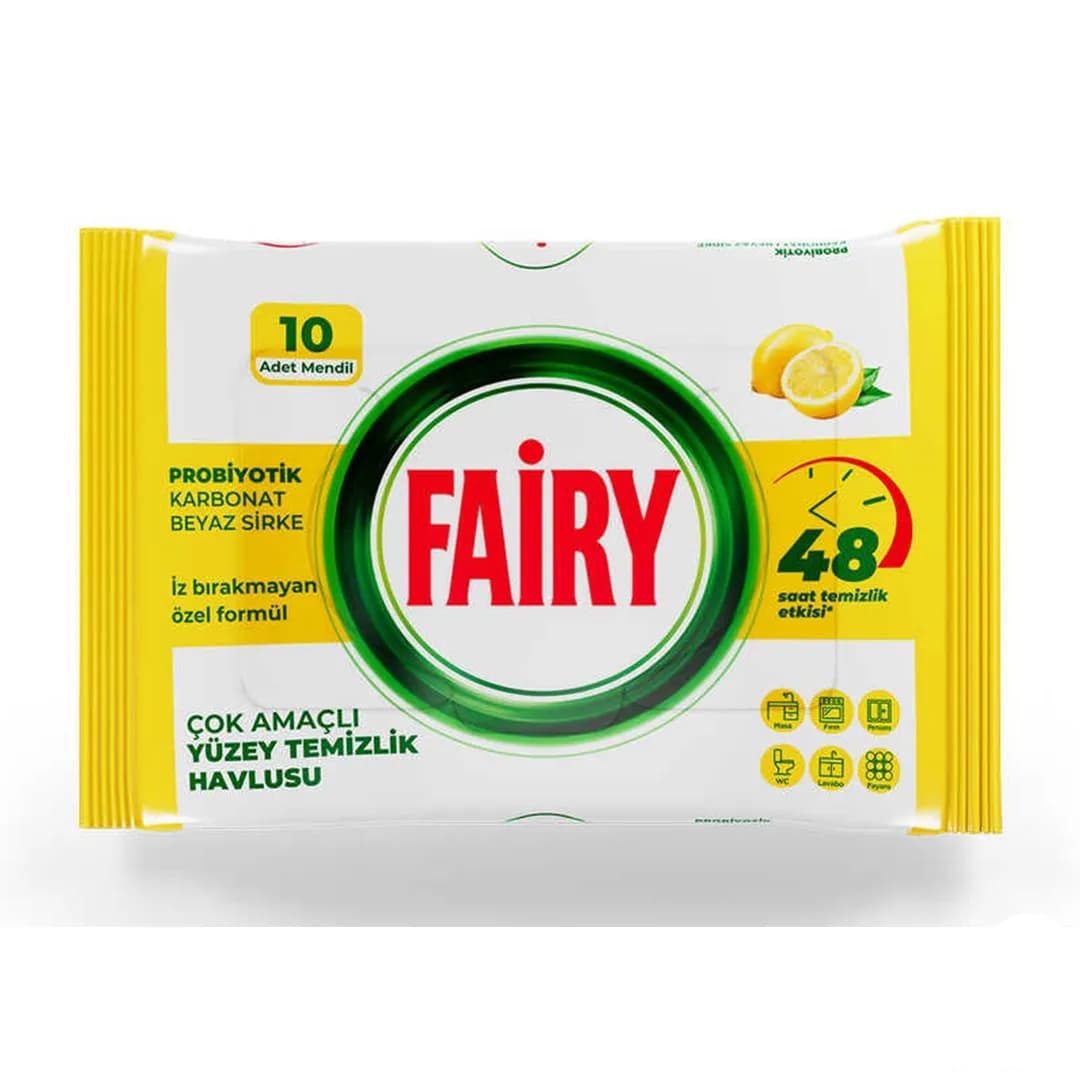 دستمال مرطوب چند منظوره تمیز کننده سطوح فیری FAIRY تعداد 10 برگی حاوی لیمو ، سرکه سفید و جوش شیرین