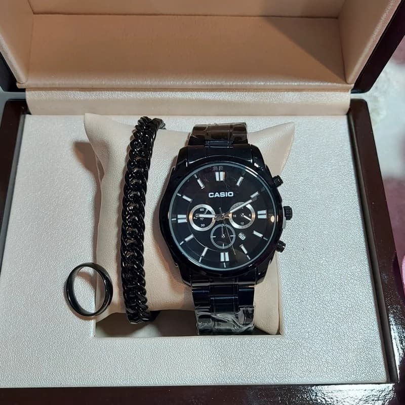 ساعت مردانه کاسیو Casio طرح سه موتور همراه دستبند کارتیر و حلقه — تصویر ۳