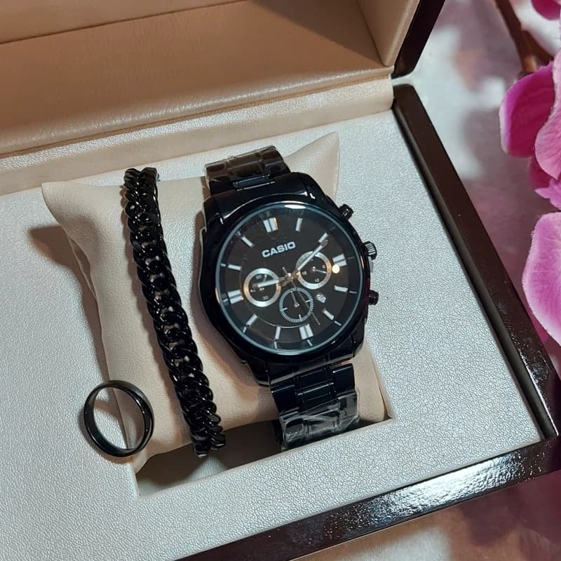 ساعت مردانه کاسیو Casio طرح سه موتور همراه دستبند کارتیر و حلقه — تصویر ۲