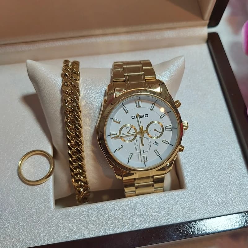 ساعت مردانه کاسیو Casio طرح سه موتور طلایی همراه دستبند کارتیر — تصویر ۲