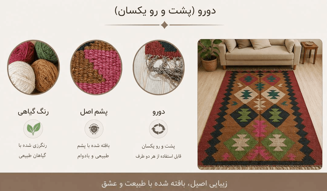 نخ طبیعی گلیم دستبافت دو متری رنگ گیاهی کدBL7723 — تصویر ۲
