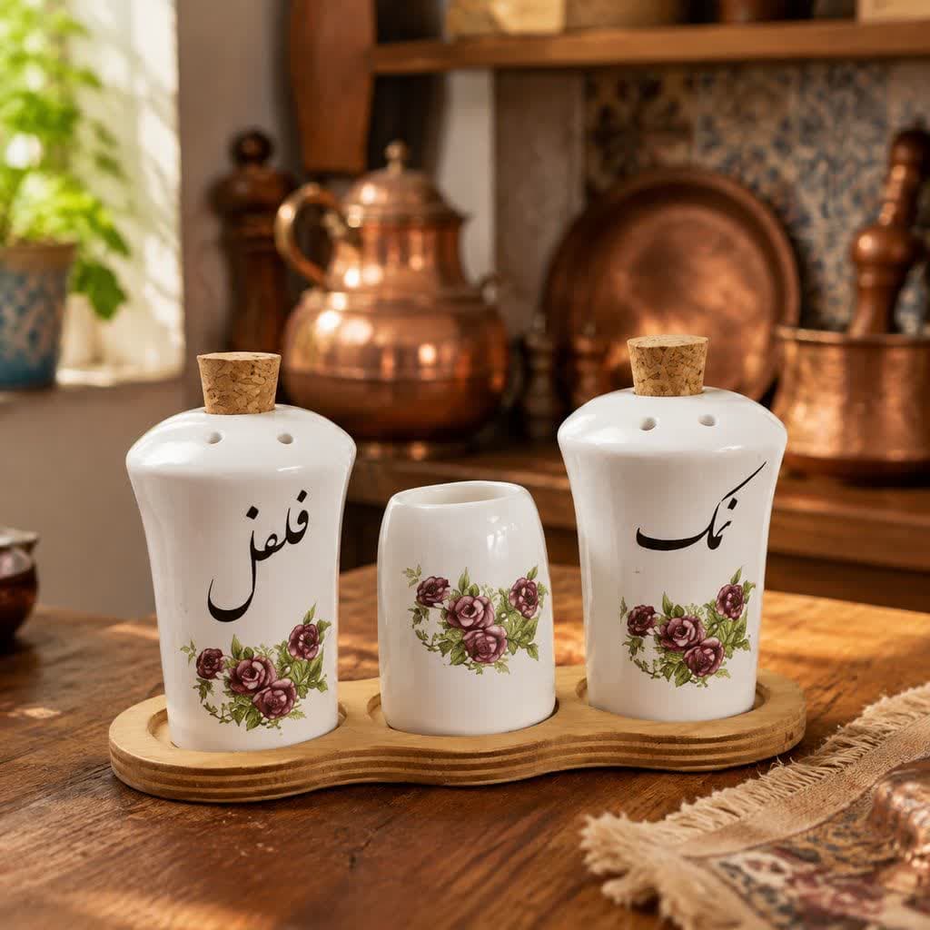 ست نمکدان گل سرخی سرامیک و چوب — تصویر ۲