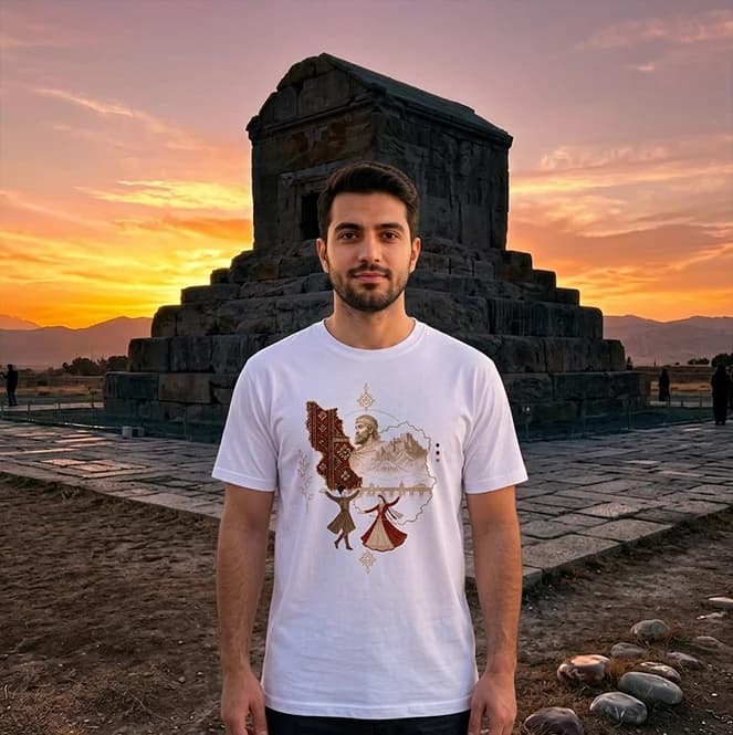 تیشرت نخی طرح هنری و نقشه ایران باستان — تصویر ۳
