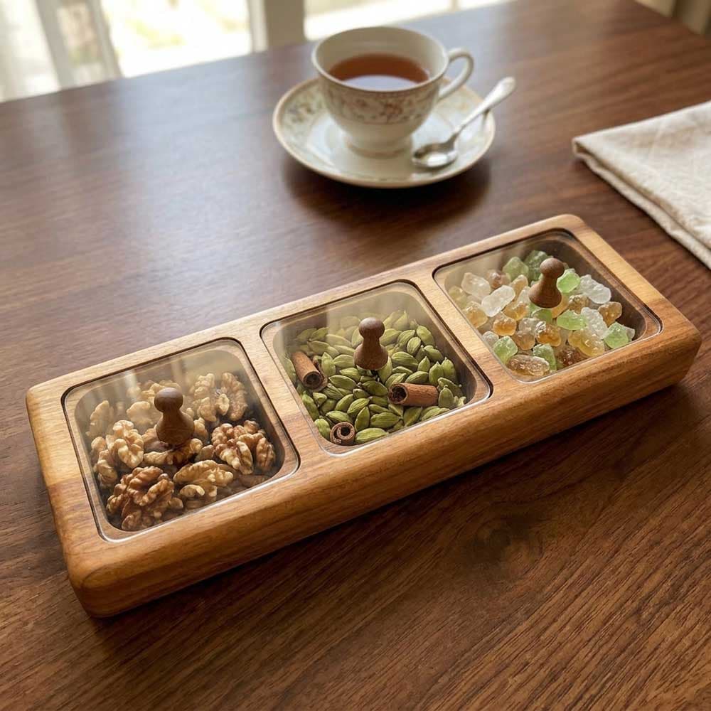 اردوخوری و باکس دمنوش چوبی سه‌خانه با طراحی خطی — تصویر ۳