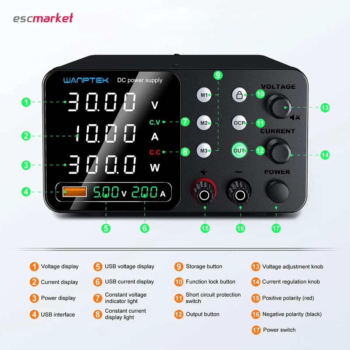 منبع تغذیه 30 ولت 10 آمپر سویچینگ WANPTEK مدل TPS-C3010 — تصویر ۳