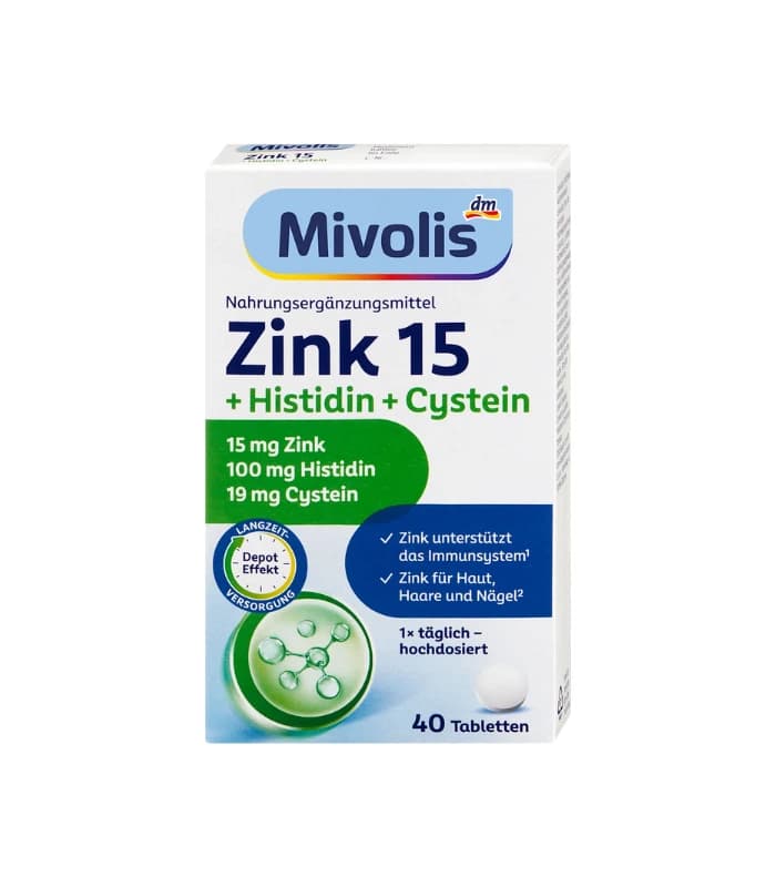 قرص زینک 15 میلی‌گرم + هیستیدین + سیستئین میوولیس Mivolis Zink 15 + Histidin + Cystein