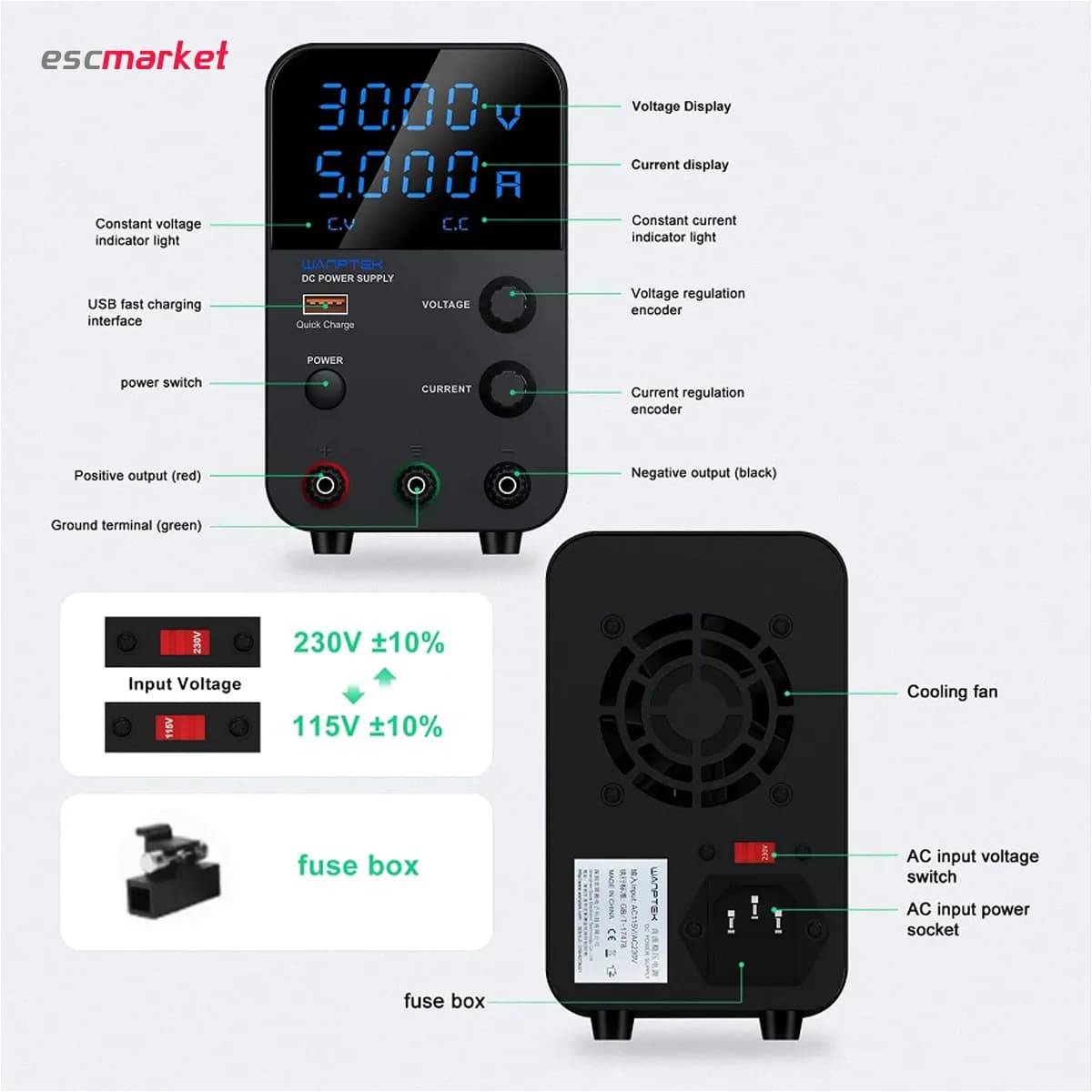 منبع تغذیه 30 ولت 5 آمپر سوئیچینگ WANPTEK مدل GPS305D — تصویر ۵