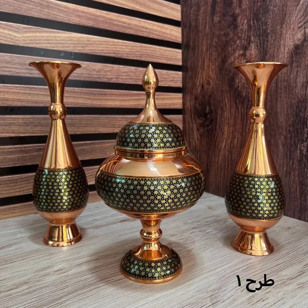 ست جفت گلدان و شکلات خوری مس و خاتم 30 سانتی متری