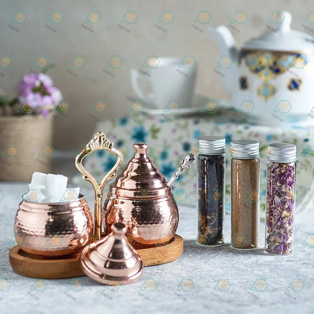 هدیه صنایع دستی شکرریز مسی و قندان مسی — تصویر ۳