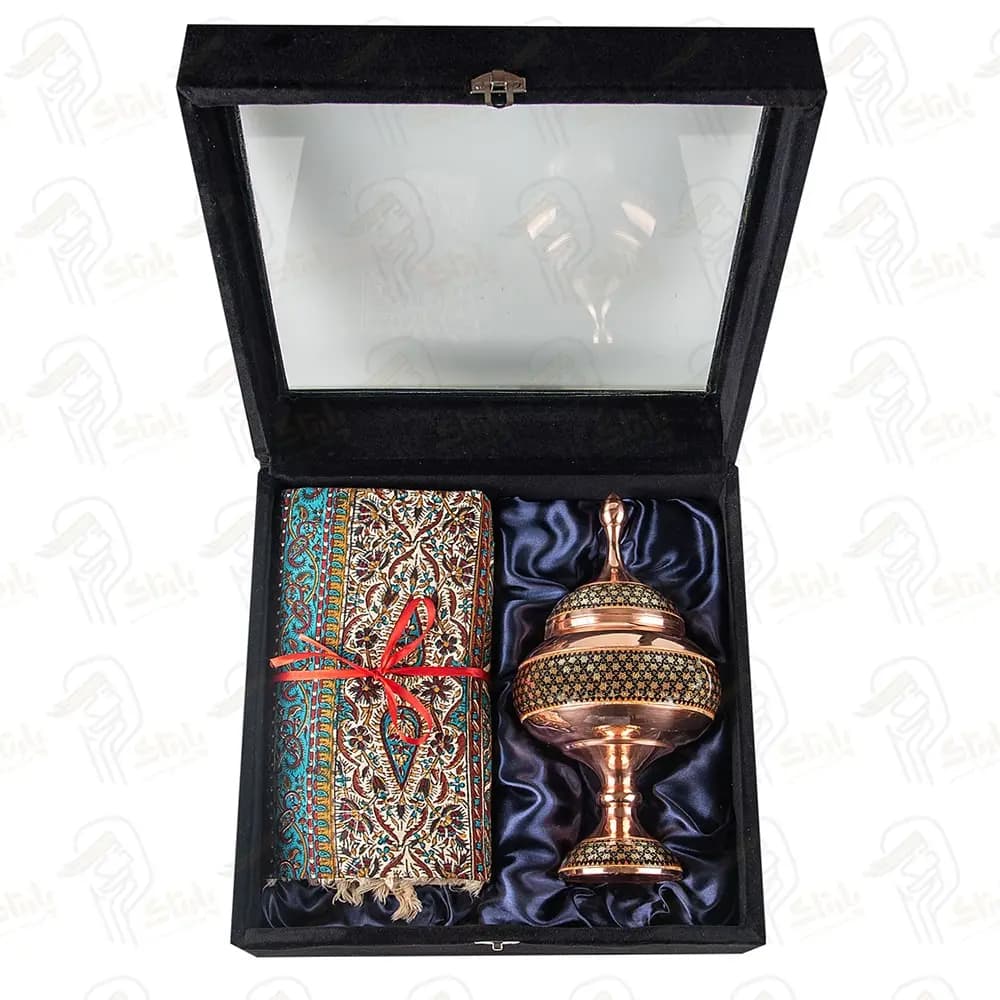 هدیه صنایع دستی شکلات خوری مس و خاتم و رومیزی قلمکار — تصویر ۲