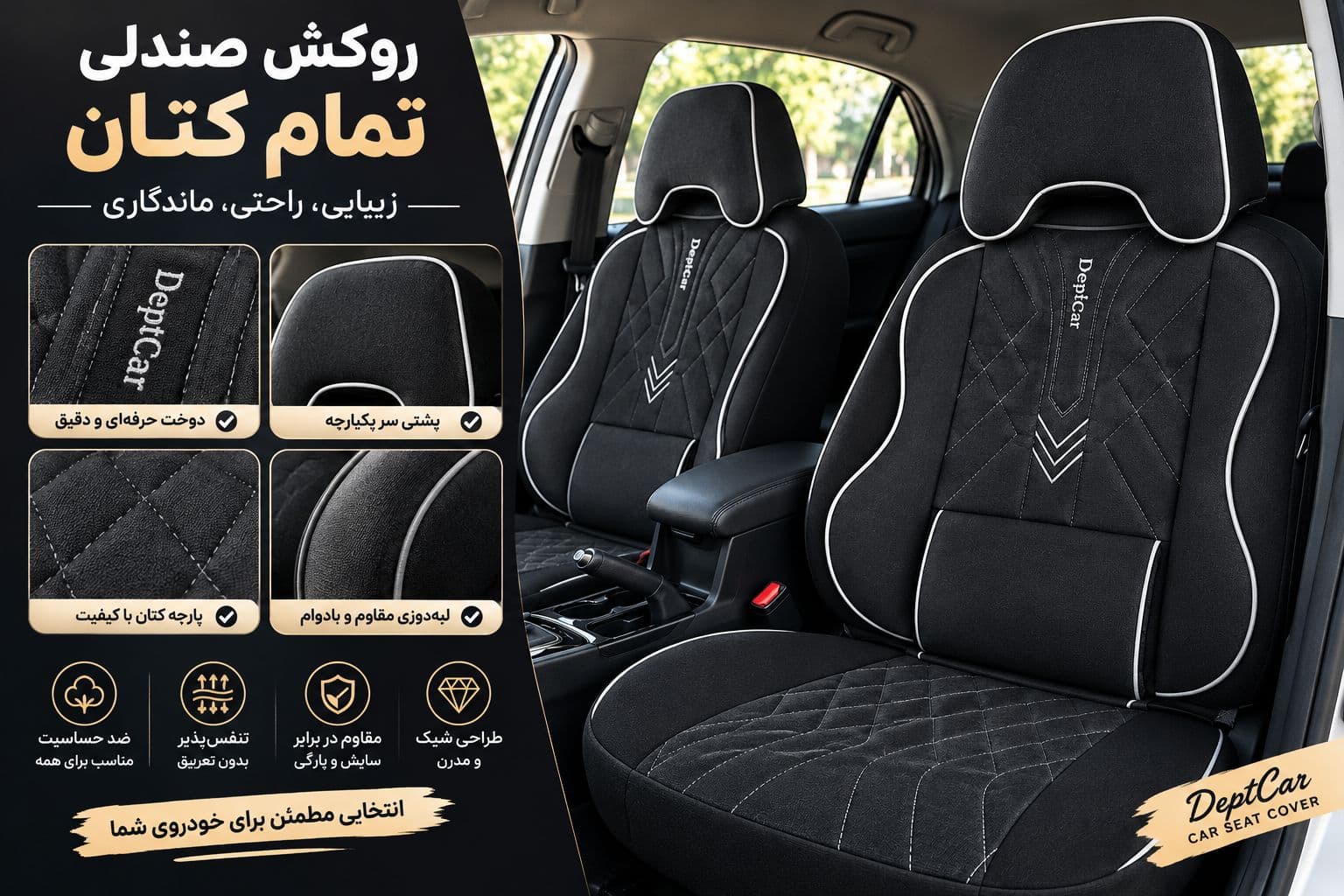 روکش صندلی تمام پارچه کتان فول طبی پژو 405 و پرشیا قدیم (مشکی و سفید) — تصویر ۳