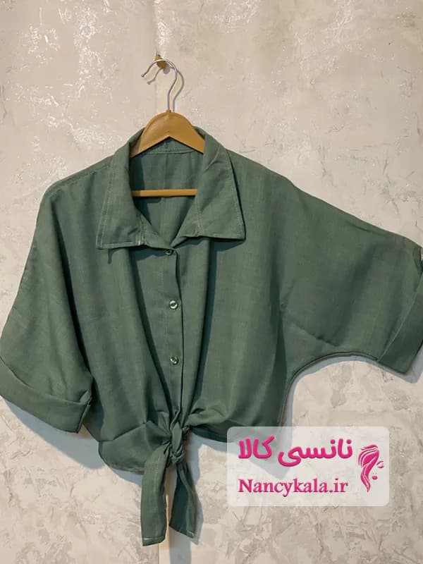 شومیز زنانه جلوگره ای زیتونی دودی تن خور شیک سایز 36 تا 46 — تصویر ۳