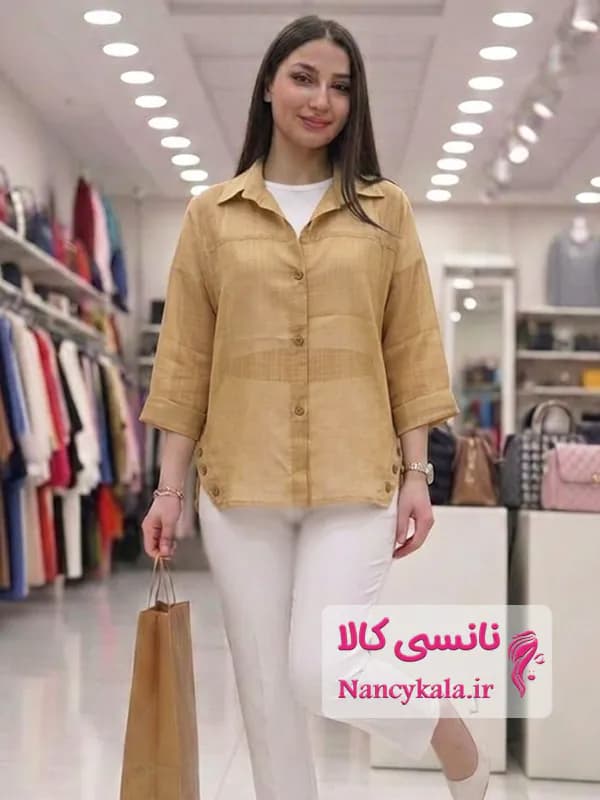 شومیز زنانه شیشه ای تنفس پذیر خاکی رنگ فری سایز 36 تا 46