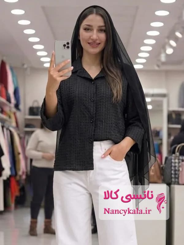 شومیز حصیری زنانه مشکی جنس و تن خور عالی فری سایز 36 تا 46