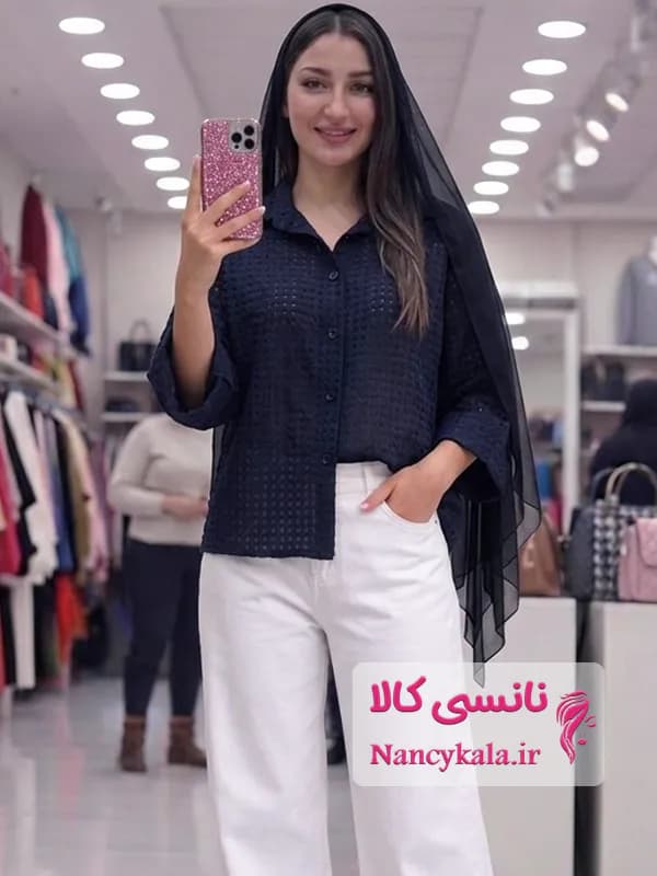 شومیز حصیری زنانه سرمه ای جنس و تن خور عالی فری سایز 36 تا 46