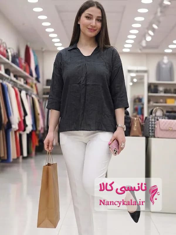 شومیز زنانه جلو بسته مشکی حنک تن خور عالی فری سایز 36 تا 46 — تصویر ۵