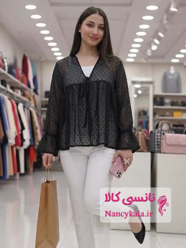 شومیز زنانه مشکی شیشه ای توپی عروسکی فری سایز 36 تا 46 — تصویر ۴