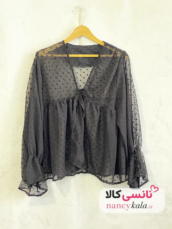 شومیز زنانه مشکی شیشه ای توپی عروسکی فری سایز 36 تا 46 — تصویر ۵