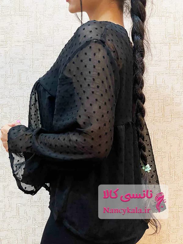 شومیز زنانه مشکی شیشه ای توپی عروسکی فری سایز 36 تا 46 — تصویر ۳