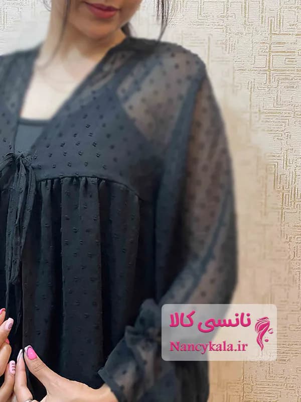 شومیز زنانه مشکی شیشه ای توپی عروسکی فری سایز 36 تا 46 — تصویر ۲