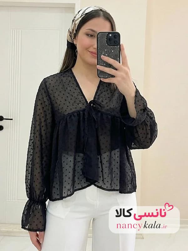 شومیز زنانه مشکی شیشه ای توپی عروسکی فری سایز 36 تا 46