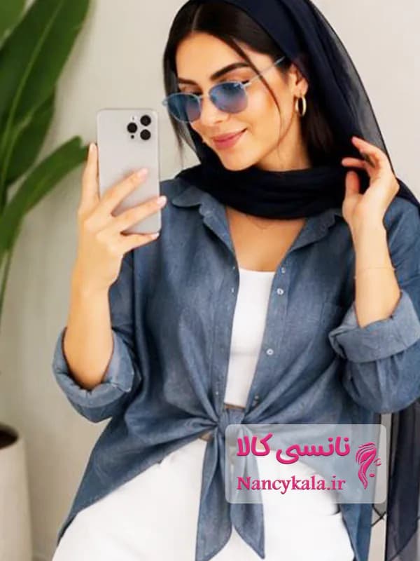 شومیز زنانه آیوا گره ای رنگ آبی نفتی فری سایز ۳۶ تا ۴۸