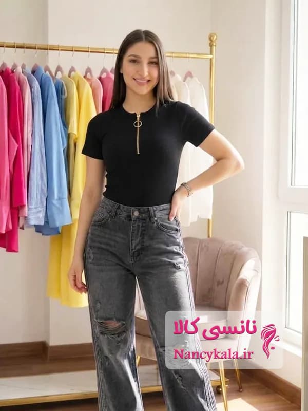 بادی کبریتی زیر مانتویی زنانه نیم زیپ آستین کوتاه مشکی ۳۶ تا ۴۲