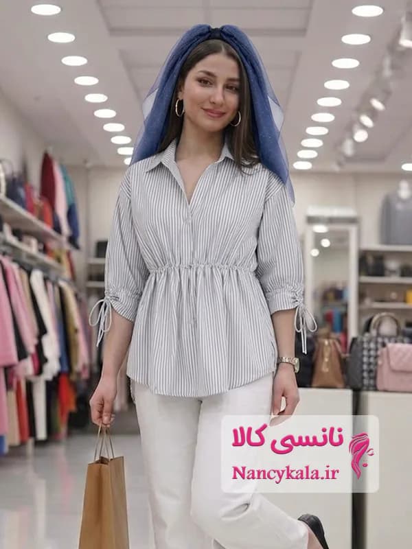 شومیز زنانه راه راه مشکی لینن کمر کش فری سایز 36 تا 46