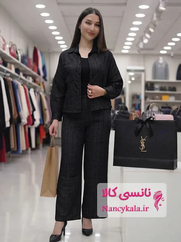 ست شومیز و شلوار زنانه تابستانه کوک دوزی مشکی فری سایز 40 تا 46