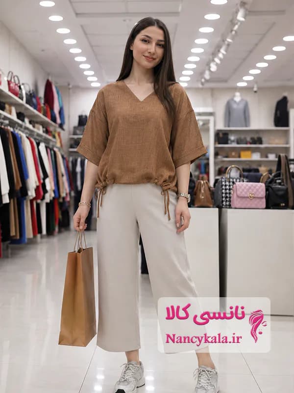 شومیز زنانه پایین گتر کتان دارچینی فری سایز 36 تا 46 — تصویر ۲