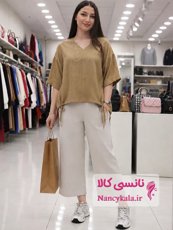 شومیز زنانه پایین گتر کتان نسکافه ای فری سایز 36 تا 46