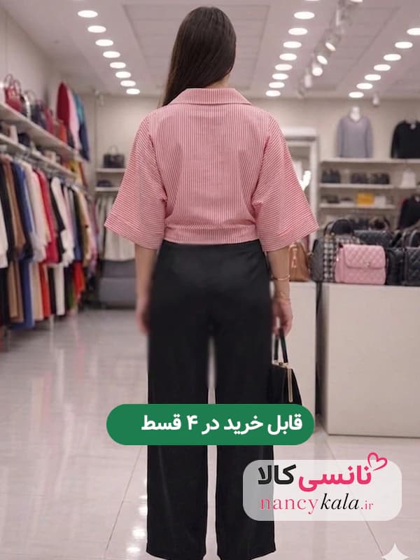 شومیز زنانه راه راه جلوگره ای زمینه صورتی فری سایز 36 تا 48 — تصویر ۲