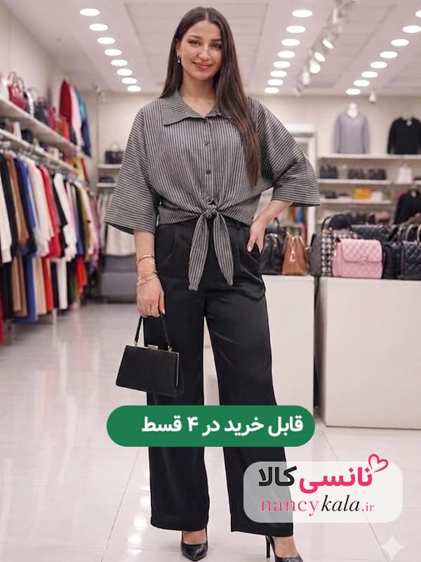 شومیز زنانه راه راه جلوگره ای زمینه زغالی فری سایز 36 تا 46 — تصویر ۲