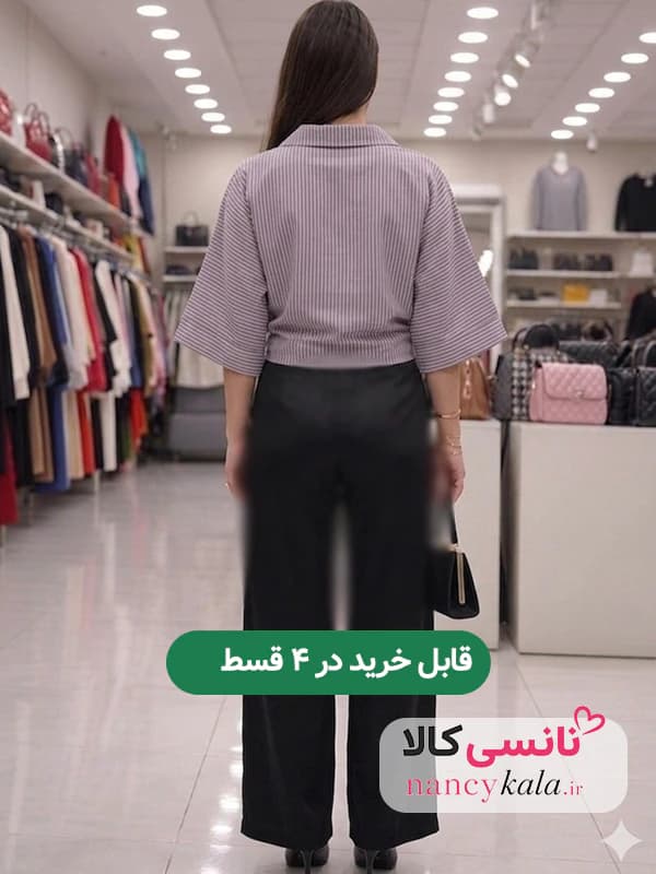 شومیز زنانه راه راه جلوگره ای زمینه قهوه ای فری سایز 36 تا 46 — تصویر ۲