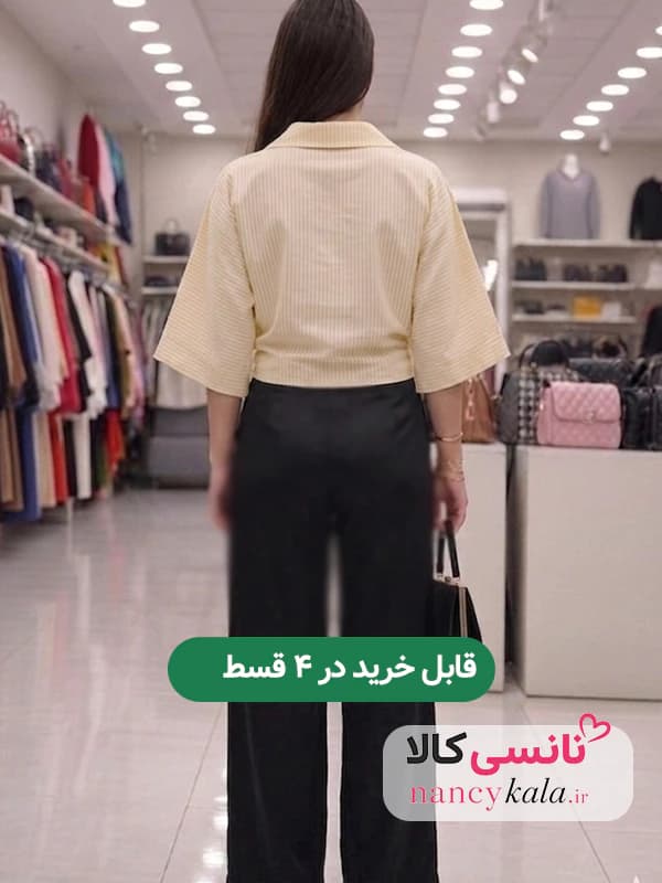 شومیز زنانه راه راه جلوگره ای زمینه زرد فری سایز 36 تا 46 — تصویر ۲