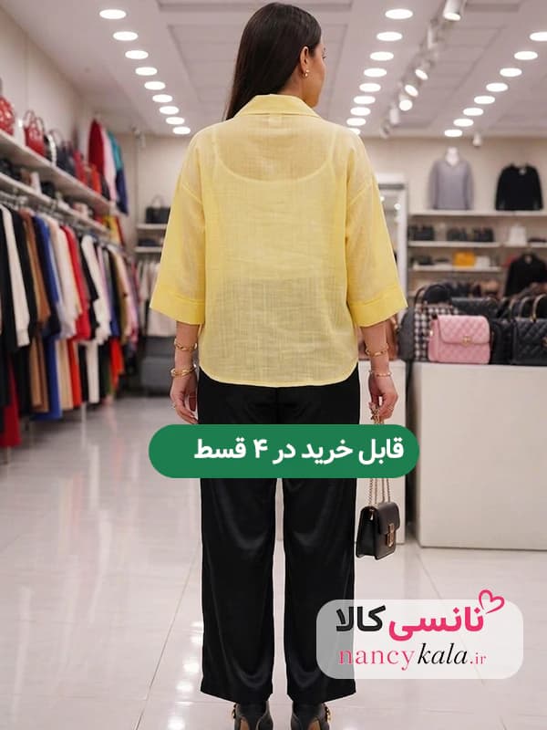 شومیز شیشه ای زنانه سبک و لطیف رنگ زرد فری سایز 36 تا 46 — تصویر ۲