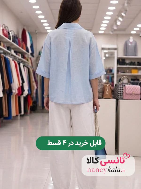 شومیز شیشه ای زنانه آبی لطیف فری سایز 38 تا 46 — تصویر ۲
