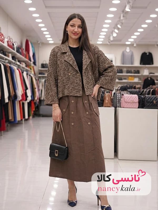 ست پانچ و دامن زنانه رنگ قهوه ای استایل شیک فری سایز 38 تا 46