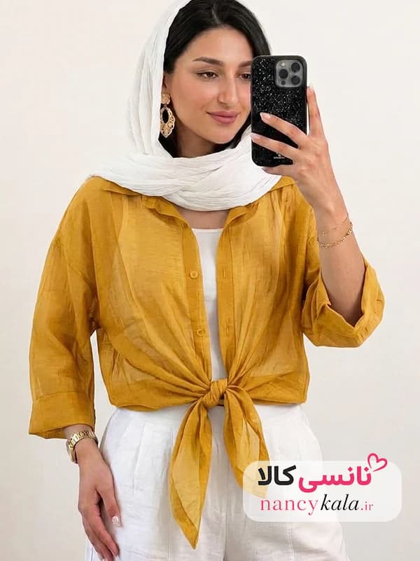 شومیز گره ای زنانه شیشه ای خردلی فری سایز 36 تا 46