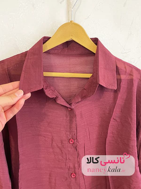 شومیز گره ای زنانه شیشه ای شرابی فری سایز 36 تا 46 — تصویر ۸