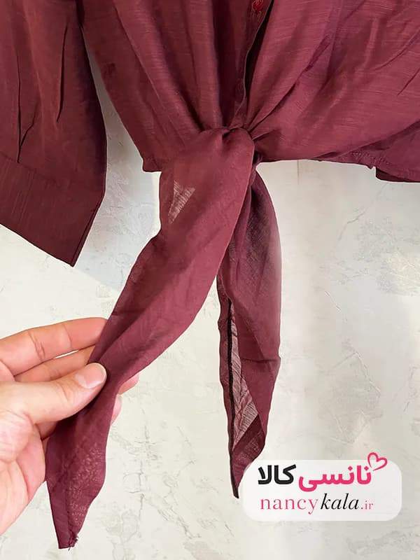 شومیز گره ای زنانه شیشه ای شرابی فری سایز 36 تا 46 — تصویر ۵
