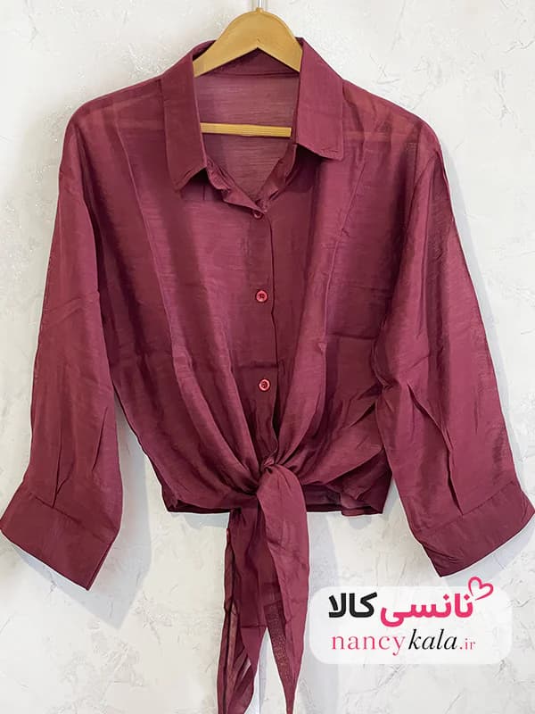 شومیز گره ای زنانه شیشه ای شرابی فری سایز 36 تا 46 — تصویر ۹